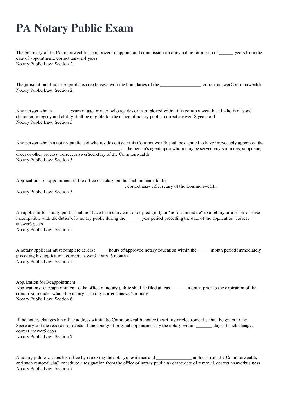 PA Notary Public Exam 2022/2023 with 100 correct answers Browsegrades